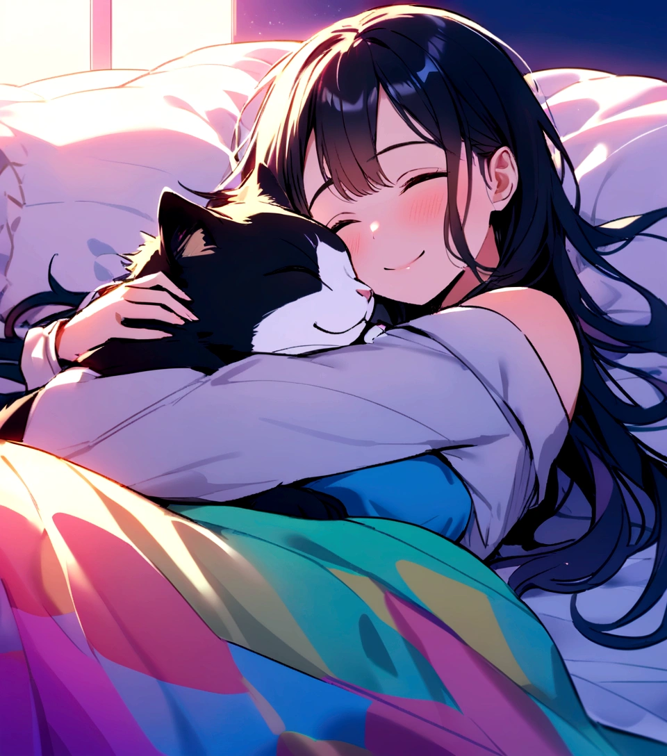 hug my cat in bed, while we sleep hugging each other smiling and covering ourselves with the colorful sheet
