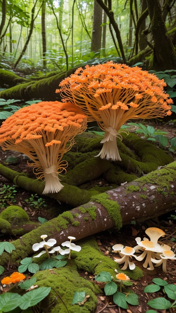 Coral mushrooms showcasing vibrant hues of orange and white, flourishing above ground on a weathered branch entwined with lush green ferns and delicate wildflowers, surrounded by a variety of curious forest creatures like squirrels, birds, and butterflies in a harmonious woodland ecosystem.