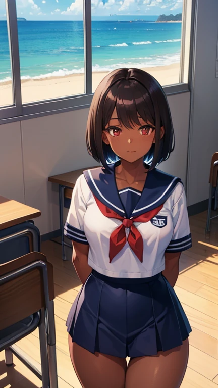 Primary school students　beautiful girl　(((Dark brown skin))) 　Gridman　Sailor suit　School Swimsuit　Blue Hair　Bob sweat　　　classroom　Love juice