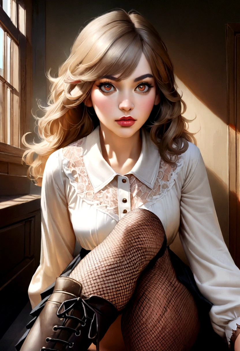 A beautiful femboy, 23 years old, with light skin, long and light brown hair, and big brown eyes, wearing a high-waisted pleated skirt, a vintage blouse, fishnet stockings, and chunky boots, 1boy,detailed face,beautiful detailed eyes,beautiful detailed lips,extremely detailed eyes and face,longeyeslashes,highwaisted pleated skirt,vintage blouse,fishnet stockings,chunky boots,(best quality,4k,8k,highres,masterpiece:1.2),ultra-detailed,(realistic,photorealistic,photo-realistic:1.37),intricate details,soft natural lighting,cinematic composition,warm color palette