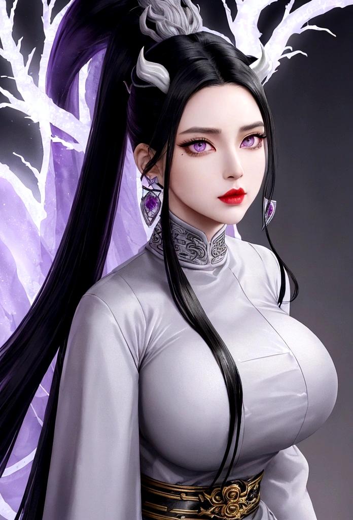 An adult tall woman, a war goddess, black hair with gray streaks, high ponytail, purple eyes, divine light, open white clothes, indifferent gaze, lipstick, dragon horns and tail, spears, reference, full height, phoenix