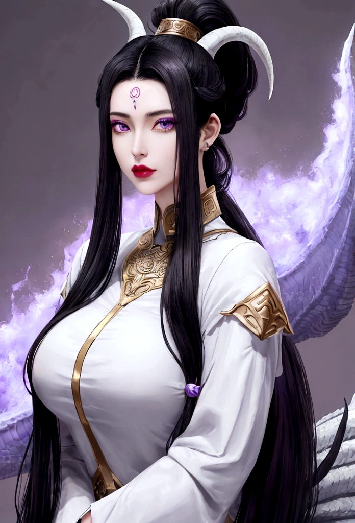An adult tall woman, a war goddess, black hair with gray streaks, high ponytail, purple eyes, divine light, open white clothes, indifferent gaze, lipstick, dragon horns and tail, spears, reference, full height, phoenix