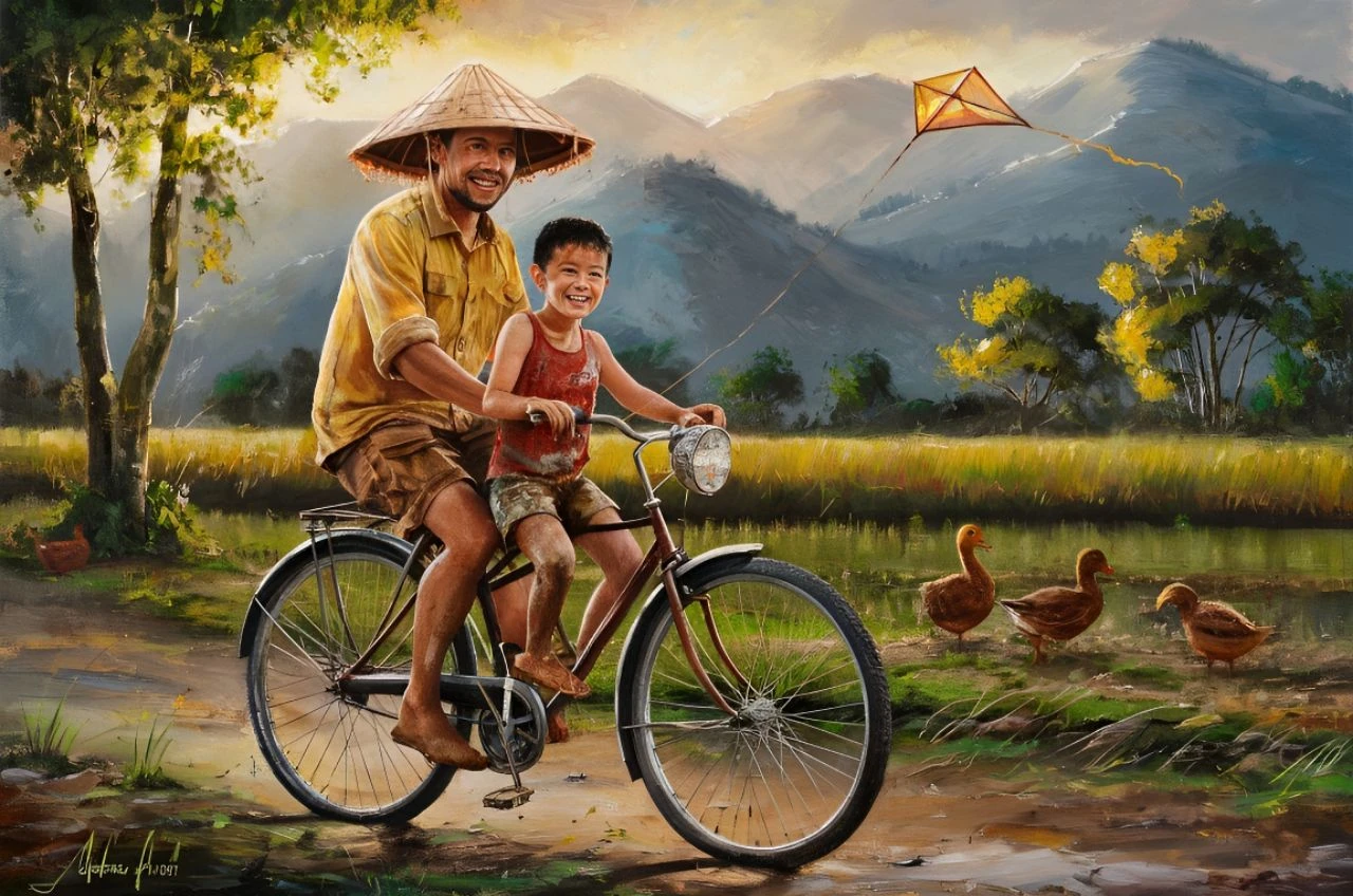 A captivating and vibrant acrylic painting that transports you to the serene Indonesian countryside. In the foreground, a father and his young son ride an old bicycle, with the father donning a yellowish shirt, brown shorts, and a conical hat, and the son sporting a red worn tank top, dirty shorts, and a radiant smile as he holds a string connected to a flying kite. The background showcases rolling mountains and trees, with golden evening sunlight bathing the scene in a warm, inviting glow. The playful brown ducks foraging in the rice fields add a touch of liveliness to the idyllic setting. The visible brushstrokes lend an authentic charm to the painting, encapsulating the essence of family bonding and a peaceful rural atmosphere., painting