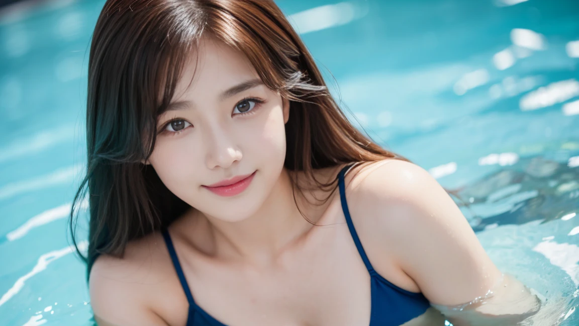 Highest quality、High resolution、8k wallpaper、Dense and beautiful eyedium hair、(Beautiful breasts:1.3)、Natural color lip、25歳のwoman、woman、Brown Hair、Semi-long hair、smile、Pool、crowd、bikini、sexy、Wearing a float、流れるPoolに流されている