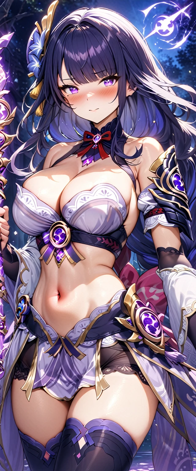 masterpiece), best quality, expressive eyes, perfect face,1girl,raiden shogun,genshin impact,japanese garden,lightning in the air,(purple magic wand),holding,holding wand,shy smile,blush,cowboy shot,glowing eyes,big breasts,cleavage,bare shoulder,(magical girl:1.6),(harem outfit),navel,pelvic curtain,detached sleeves,thighhigh stockings,studio lighting,(sparkle:0.9),(glitter:0.9),alternative costume