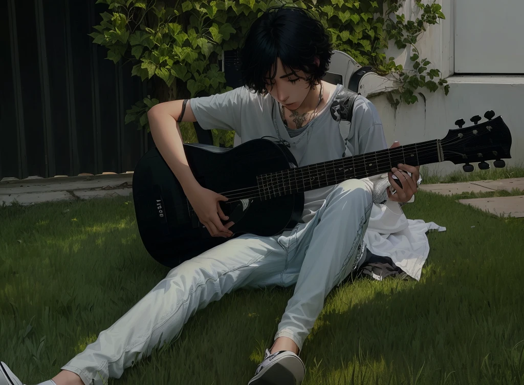 araffe sitting on the grass with a guitar in his hand, playing the guitar, playing guitar, playing guitars, jamming to music, playing a guitar, lacivious pose, is playing a lute, guitar, guitarist, holding a guitar, sitting on the ground, desperate pose, sitting on one knee on the grass, the guitar player, bleak tone