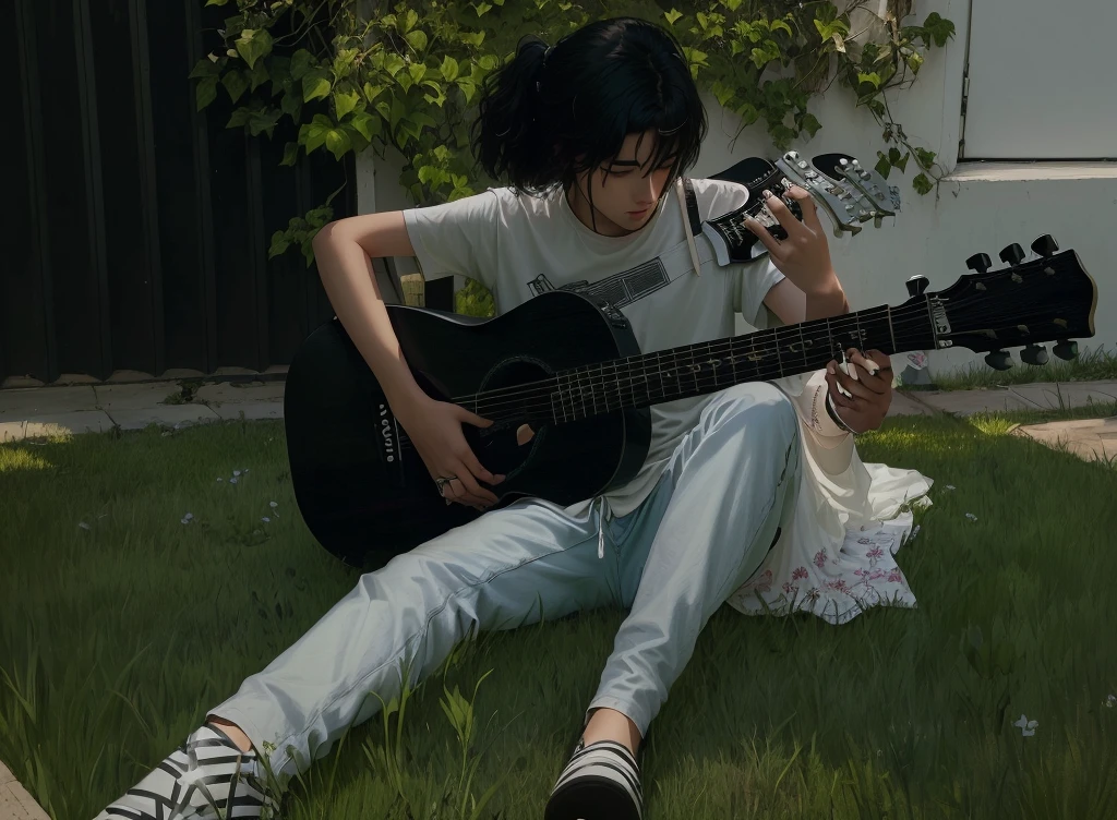 araffe sitting on the grass with a guitar in his hand, playing the guitar, playing guitar, playing guitars, jamming to music, playing a guitar, lacivious pose, is playing a lute, guitar, guitarist, holding a guitar, sitting on the ground, desperate pose, sitting on one knee on the grass, the guitar player, bleak tone