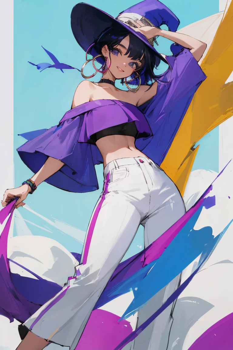 ((Highest quality)), ((masterpiece)), (be familiar with),woman, Black Hair, Blue Hair, Two-tone hair, hat, Purple Shirt,Crop top, Off the shoulder, White pants, Hoop Earrings, smile