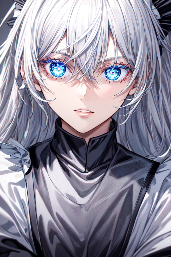 1boy, Gojo Satoru, blue glow eyes, detailed pupils, colored eyelashes, hair between eyes, white hair, white eyelashes, parted lips, cute maid dress, black apron, gloves, glow, Absurdres, Intricate Details, Masterpiece, Best Quality, High Resolution, 8k