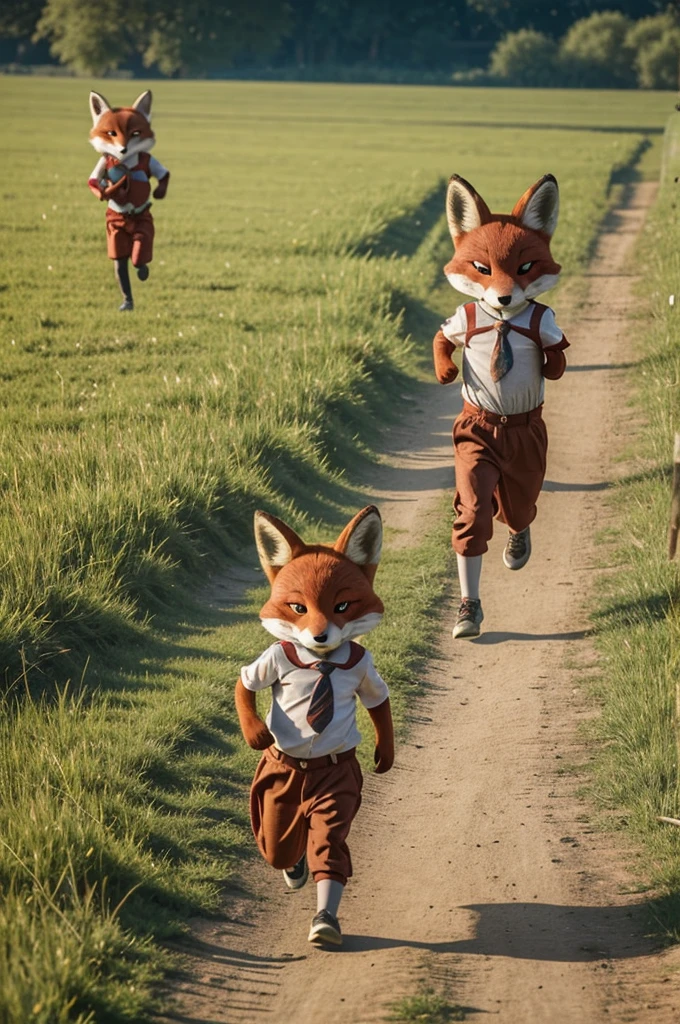 Two children wearing fox masks running in a field, Subscribe to, Fox People, Still from a live-action film, Werbebild für den film, Foxes, Scene from a live-action film, Zootopia-filmstil, Girl with fox ears, # film, Fantasy Fox Love, Standbild aus dem film, Zootopia-Stil, playing with Foxes, with sunset, by Anna Haifisch