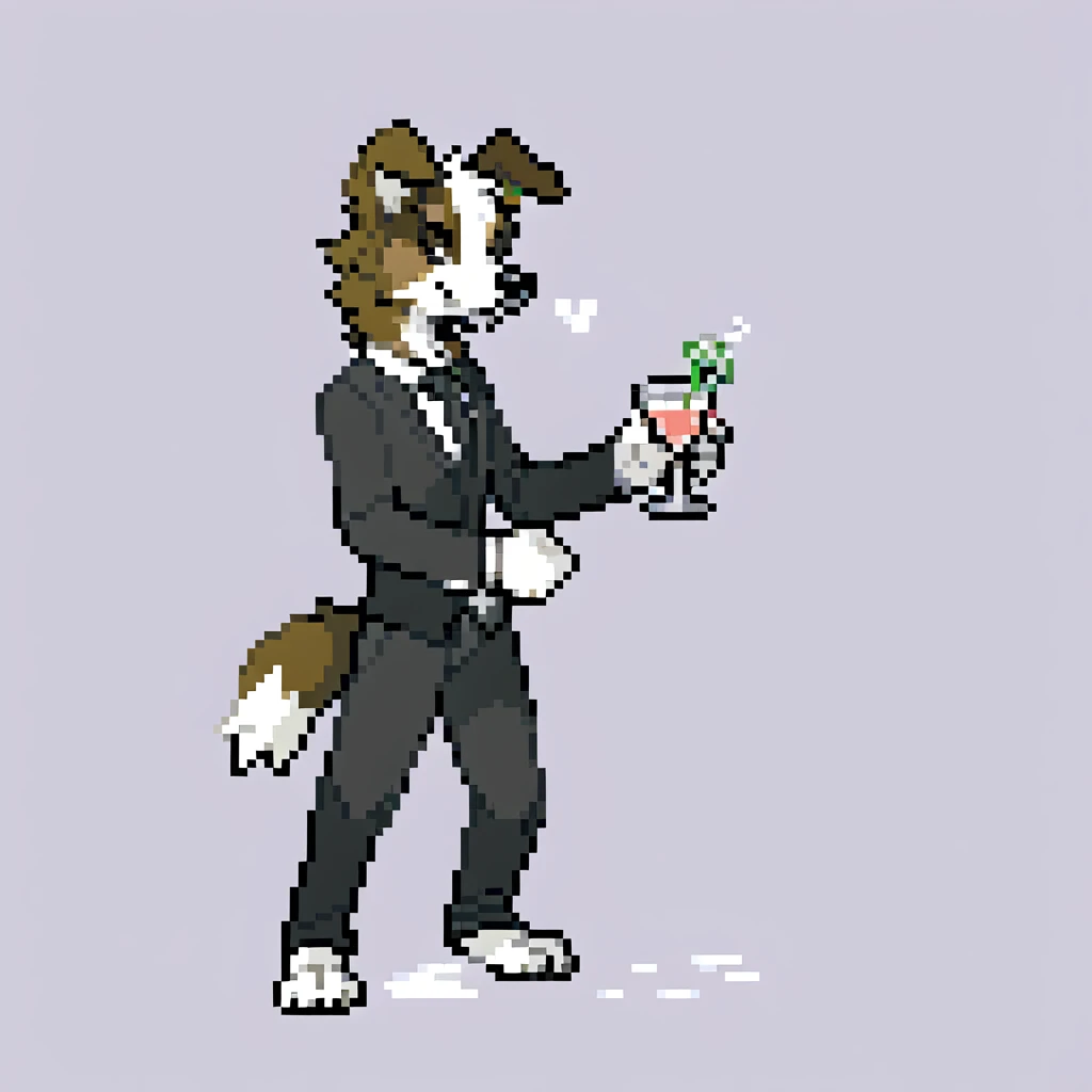 canid, canine, canis, mammal, mythological_canine, were, werecanid, werecanine, border_collie, black_nose, black_suit, black_pants, white_tie, holding_cocktail_shaker, cocktail_shaker, slightly_spilling_drink, male, fingers, fluffy, fluffy_tail, fur, thin_anthro, full_body, solo, digital_media_(artwork), hi_res, masterpiece,