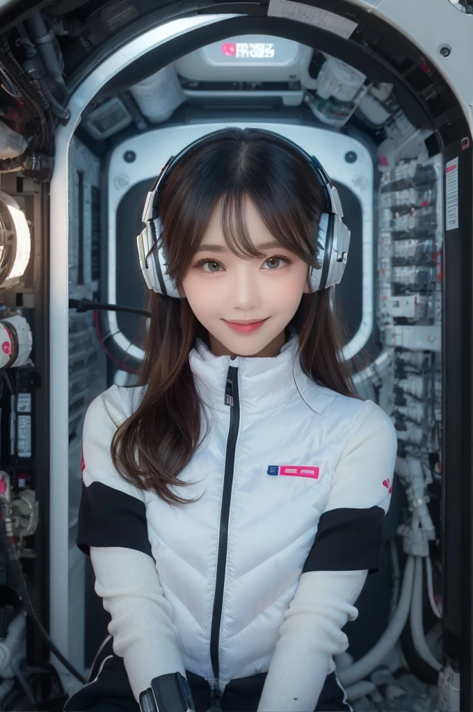 masterpiece, Highest quality, Very detailed, 8K Portrait,Japanese Android Girl,plump , Control panel,Robotic arms and legs, Blunt bangs,,break (Metallic Gray, Metallic luster, Mirror finish, Astro Best):5,headphone:5,break (Black sleeves):100,Smart Watches,Futuristic space station,Control Room,break headphone,blue eyes,(Black Hair):2,(Long Hair):1.3,Displaying the viewer,(respirator),break blush:3,Hidden Hand,smile