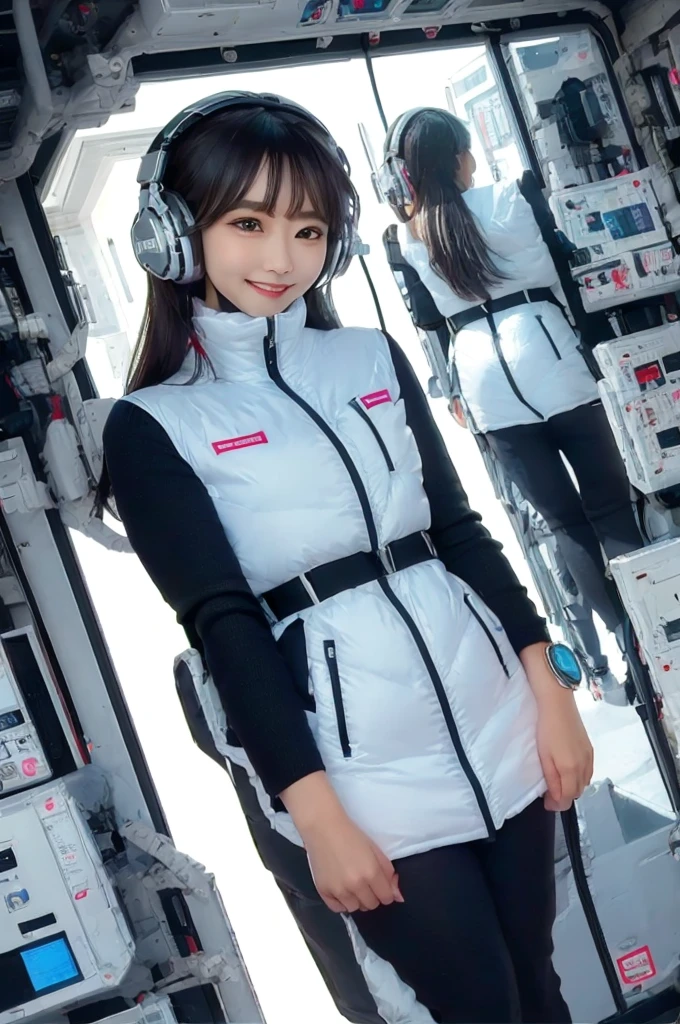 masterpiece, Highest quality, Very detailed, 8K Portrait,Japanese Android Girl,plump , Control panel,Robotic arms and legs, Blunt bangs,,break (Metallic Gray, Metallic luster, Mirror finish, Astro Best):5,headphone:5,break (Black sleeves):100,Smart Watches,Futuristic space station,Control Room,break headphone,blue eyes,(Black Hair):2,(Long Hair):1.3,Displaying the viewer,(respirator),break blush:3,Hidden Hand,smile