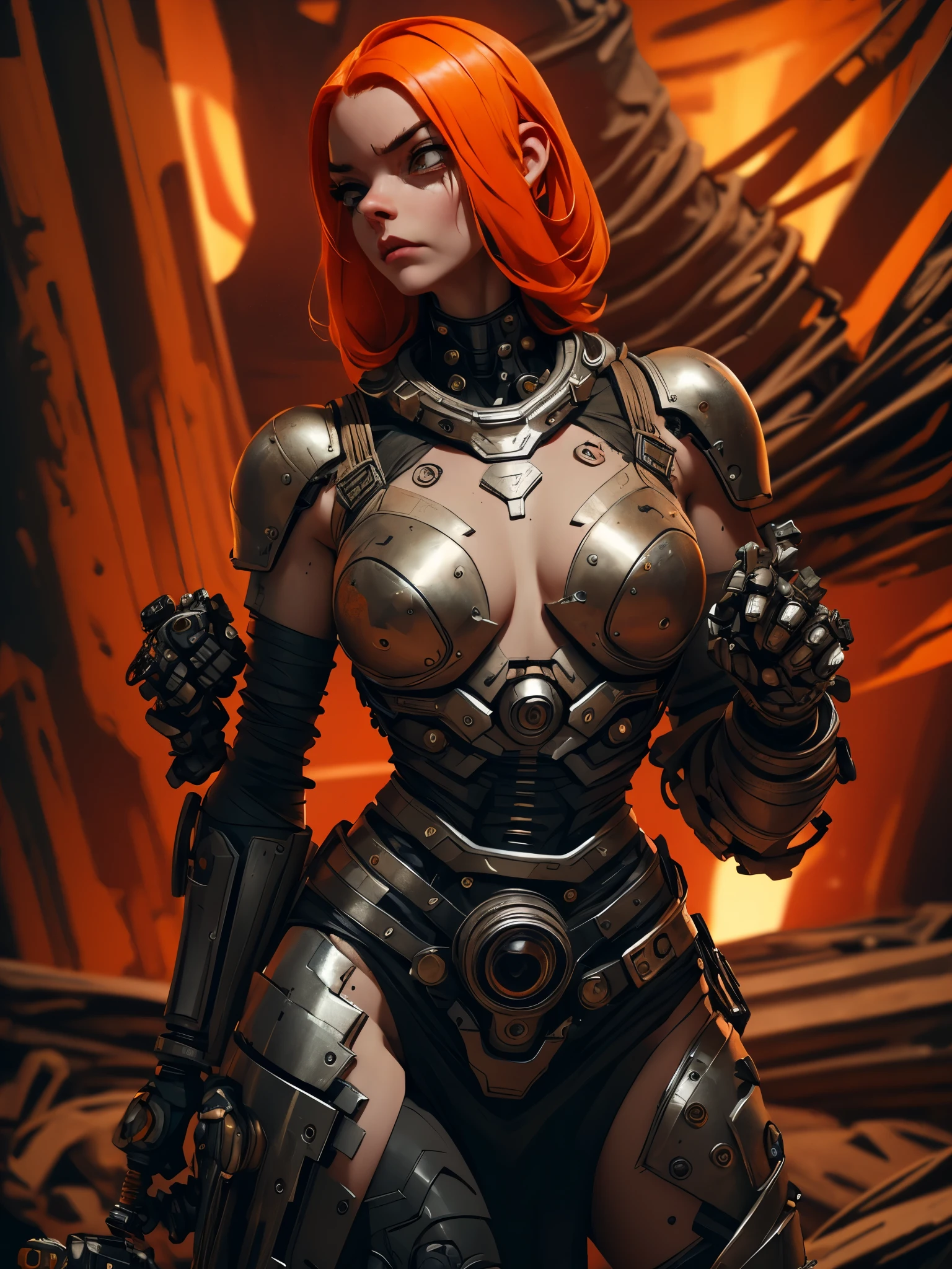 A highly detailed and realistic skull girl,( Anya. Taylor Joy) cyberpunk character, mad max furiosa, one hand robot, cyborg arm, orange hair, dramatic metal heavy rock theme, best quality, 8k, hyperrealistic, photorealistic, extreme detailed painting, studio lighting, vivid colors, dark moody atmosphere, cinematic, dramatic pose, intricate mechanical details, glowing energy effects, intense gritty textures, seamless integration of organic and inorganic elements. Wearing the used clothes of a wastelander. Background: An apocalyptic wasteland. Dusty and depressing.
