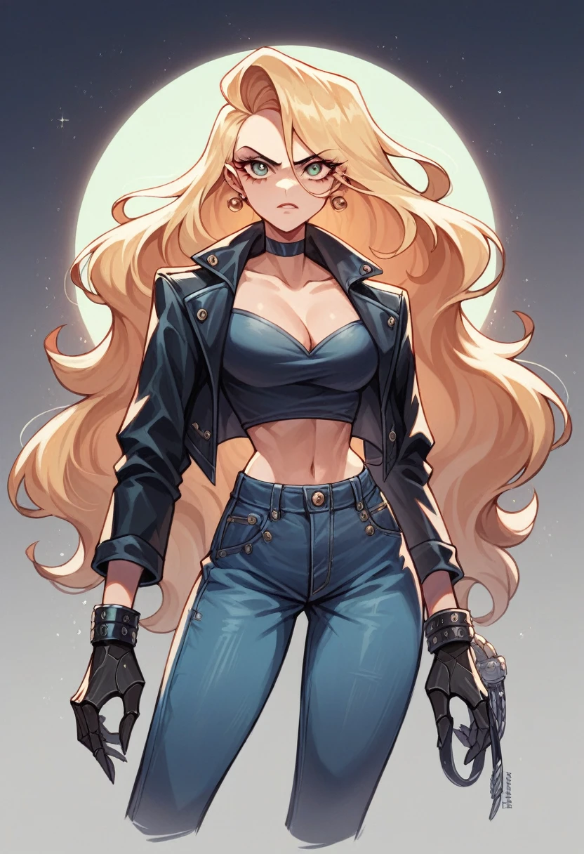 A cyborg boss lady commanding a troop of fighting california tan blondes, all dressed in fashion clothes made with leather and denim, opalescent iridescent fashion accessories, holding retrofuturistic assault riffles, dramatic illumination, cmrainy night
