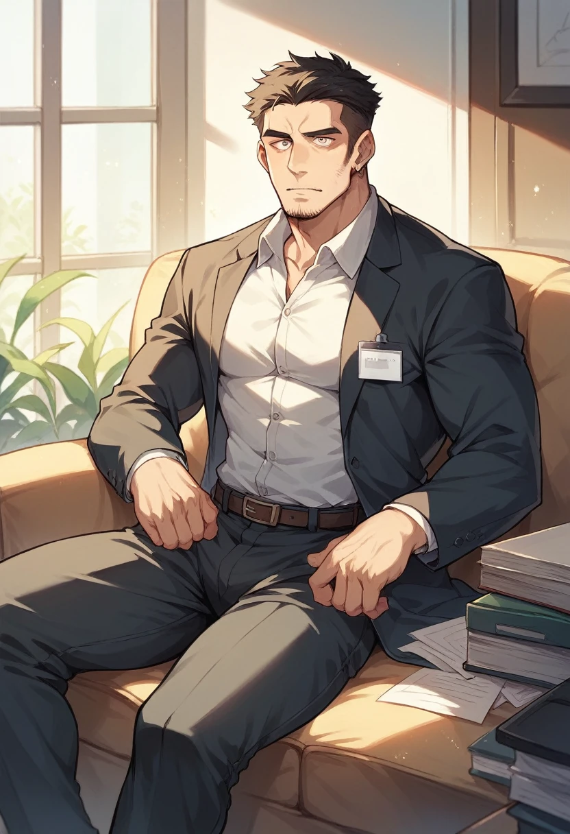 Black Bull,personification,Mature male,Enthusiastic expression,Black pupil,Sitting on the sofa,office。