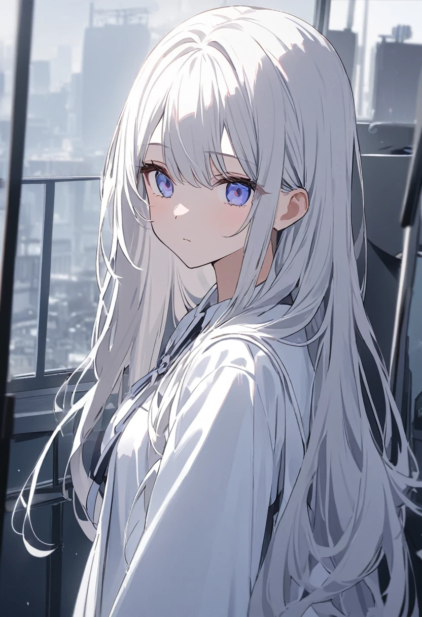 white色、white、Girl、white色の髪、髪がwhite、Long Hair、目の色はwhite色、whiteの目、white色の目、目の色が全てwhite、全体的にwhite色のGirl、white色のGirl、背景がwhite、white色の背景、white色の部屋、There are highlights on the eyes、Emotionless、Expressionless