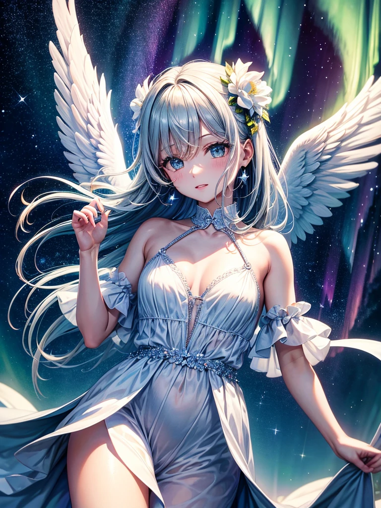 Highest quality,Highest Resolution,Angel flying in the night sky,Aurora,Starry Sky,