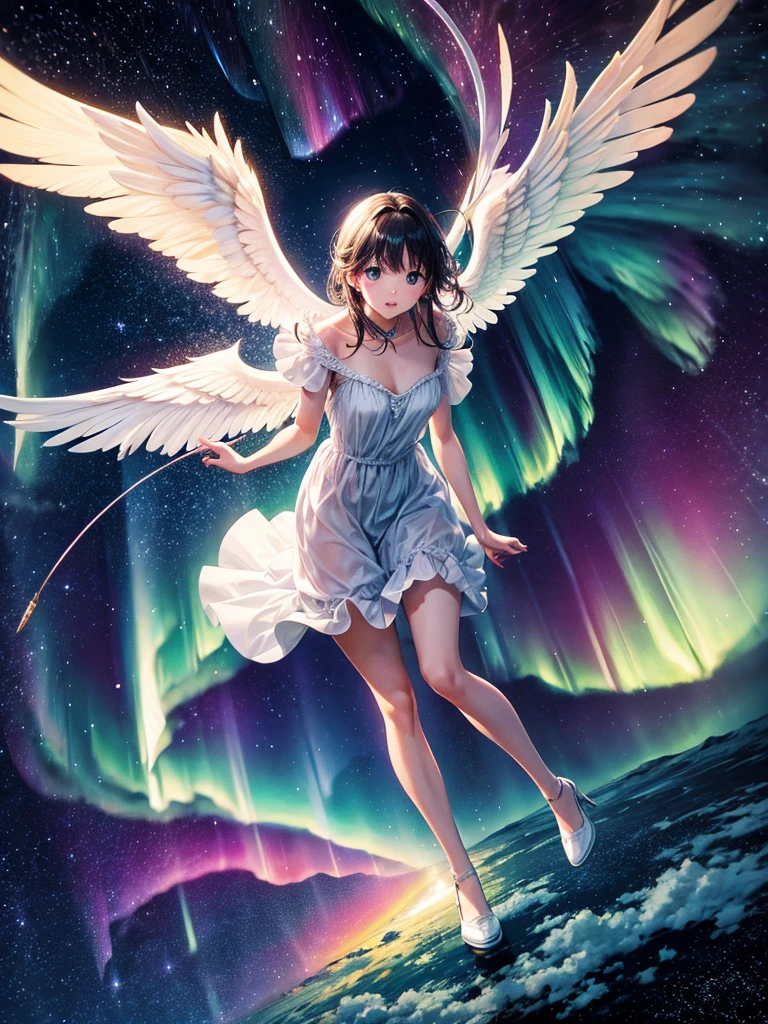 Highest quality,Highest Resolution,Angel flying in the night sky,Aurora,Starry Sky,