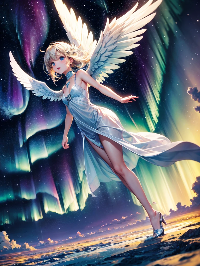 Highest quality,Highest Resolution,Angel flying in the night sky,Aurora,Starry Sky,