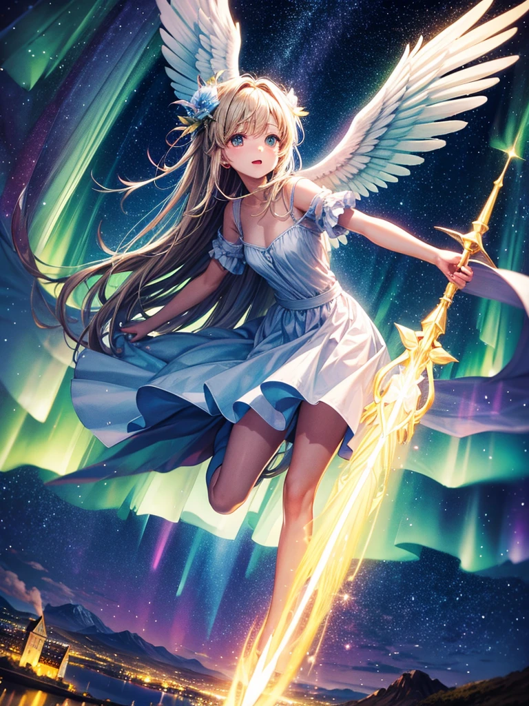 Highest quality,Highest Resolution,Angel flying in the night sky,Aurora,Starry Sky,