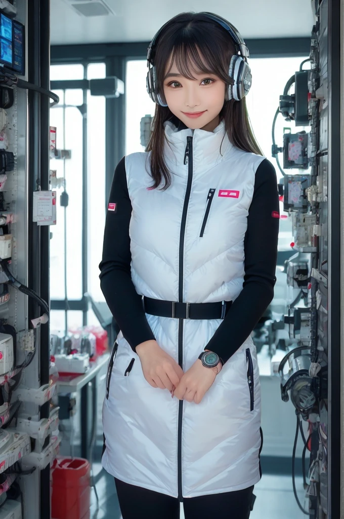 masterpiece, Highest quality, Very detailed, 8K Portrait,Japanese Android Girl,plump , Control panel,Robotic arms and legs, Blunt bangs,,break (Metallic Gray, Metallic luster, Mirror finish, Astro Best):5,headphone:5,break (Black sleeves):100,Smart Watches,Futuristic space station,Control Room,break headphone,blue eyes,(Black Hair):2,(Long Hair):1.3,Displaying the viewer,(respirator),break blush:3,Hidden Hand,smile