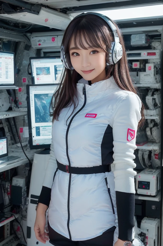 masterpiece, Highest quality, Very detailed, 8K Portrait,Japanese Android Girl,plump , Control panel,Robotic arms and legs, Blunt bangs,,break (Metallic Gray, Metallic luster, Mirror finish, Astro Best):5,headphone:5,break (Black sleeves):100,Smart Watches,Futuristic space station,Control Room,break headphone,blue eyes,(Black Hair):2,(Long Hair):1.3,Displaying the viewer,(respirator),break blush:3,Hidden Hand,smile