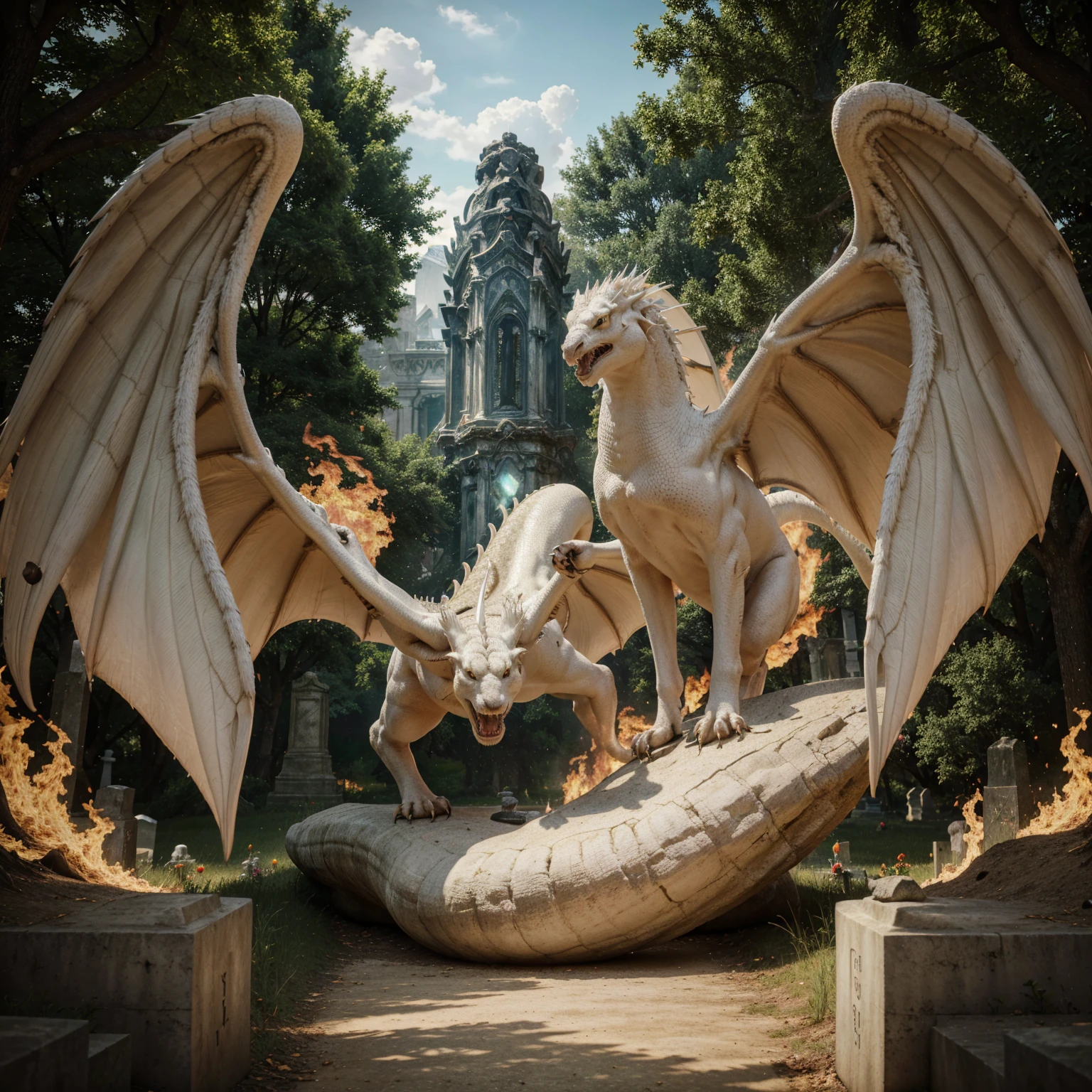 (best quality,4k,highres,masterpiece:1.2),ultra-detailed,(realistic:1.37), light atmosphere,tomb,white dragon emerging from the earth,vector art,detailed,fangs,wings,fire,earth,day,cemetery