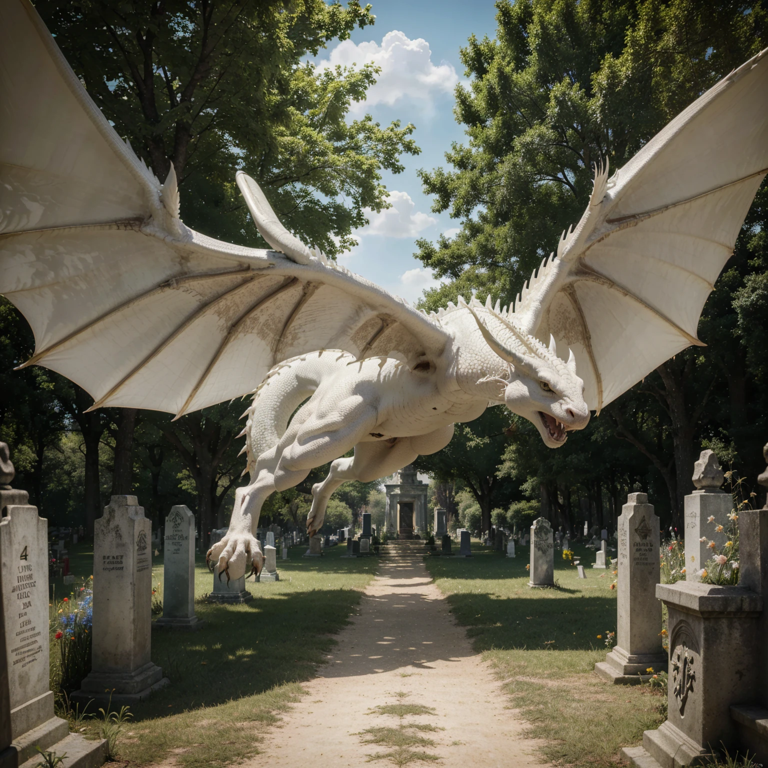 (best quality,4k,highres,masterpiece:1.2),ultra-detailed,(realistic:1.37), light atmosphere,tomb,white dragon emerging from the earth,vector art,detailed,fangs,wings,fire,earth,day,cemetery
