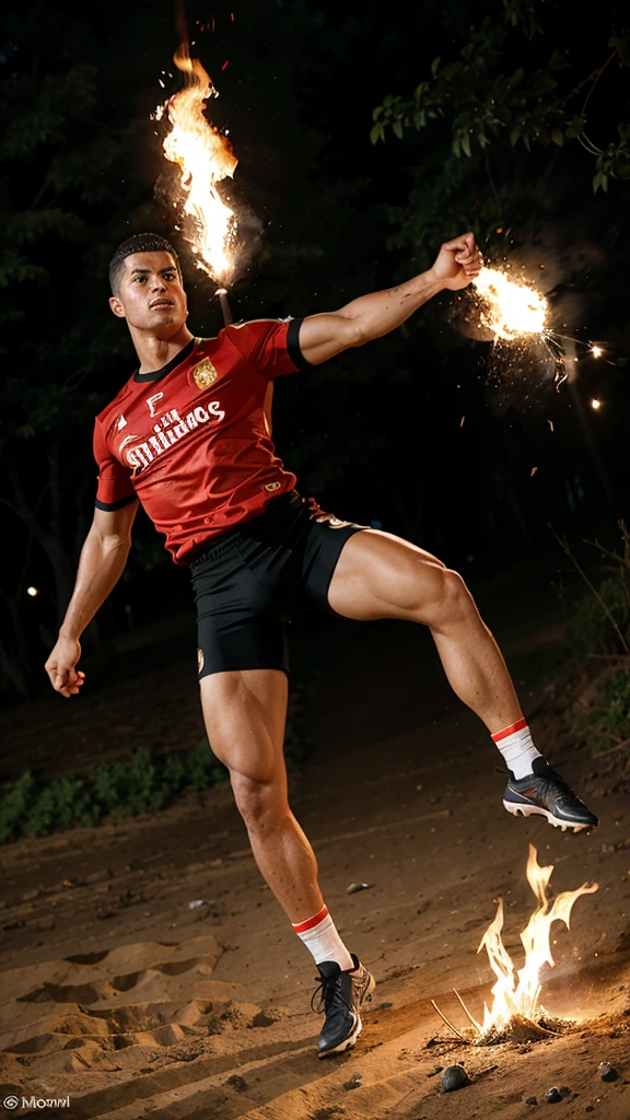 Cr7 doing a bicycle kick with a trail of fire