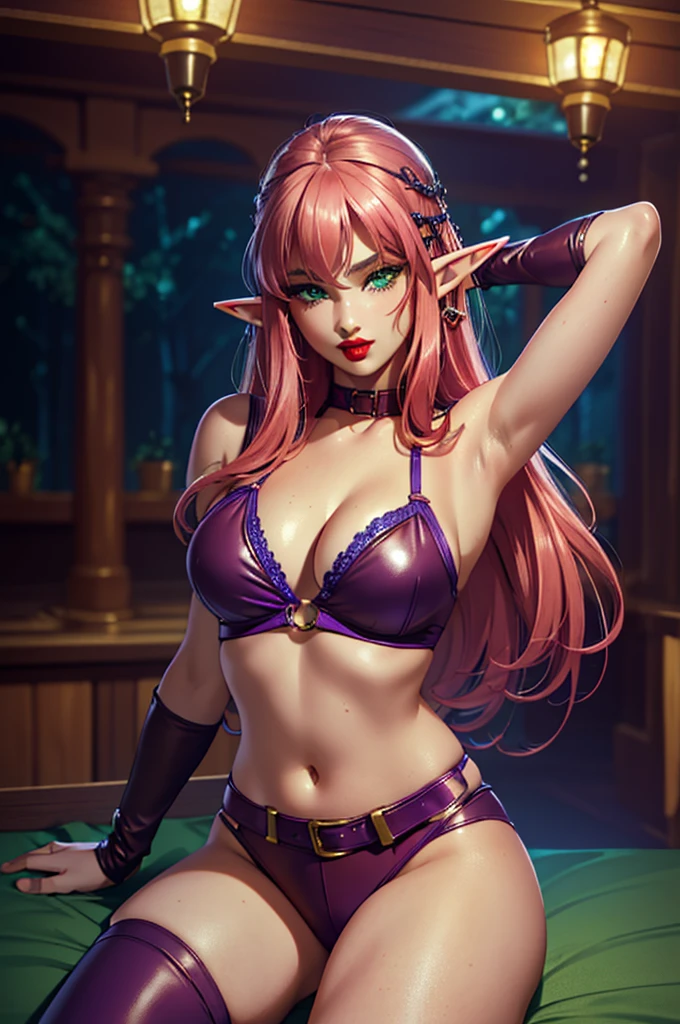 best quality, 32k uhd, insane details, ultra detailed, Masterpiece, tavern room, night setting, ((beautiful eyes, green eyes, only one elf girl, full red lips)), arms above her head, exposed navel, bare shoulders, large breasts, exposed cleavage, pink hair, straight hair, ((leather purple outfit)), laying on large bed, peaceful sleep.