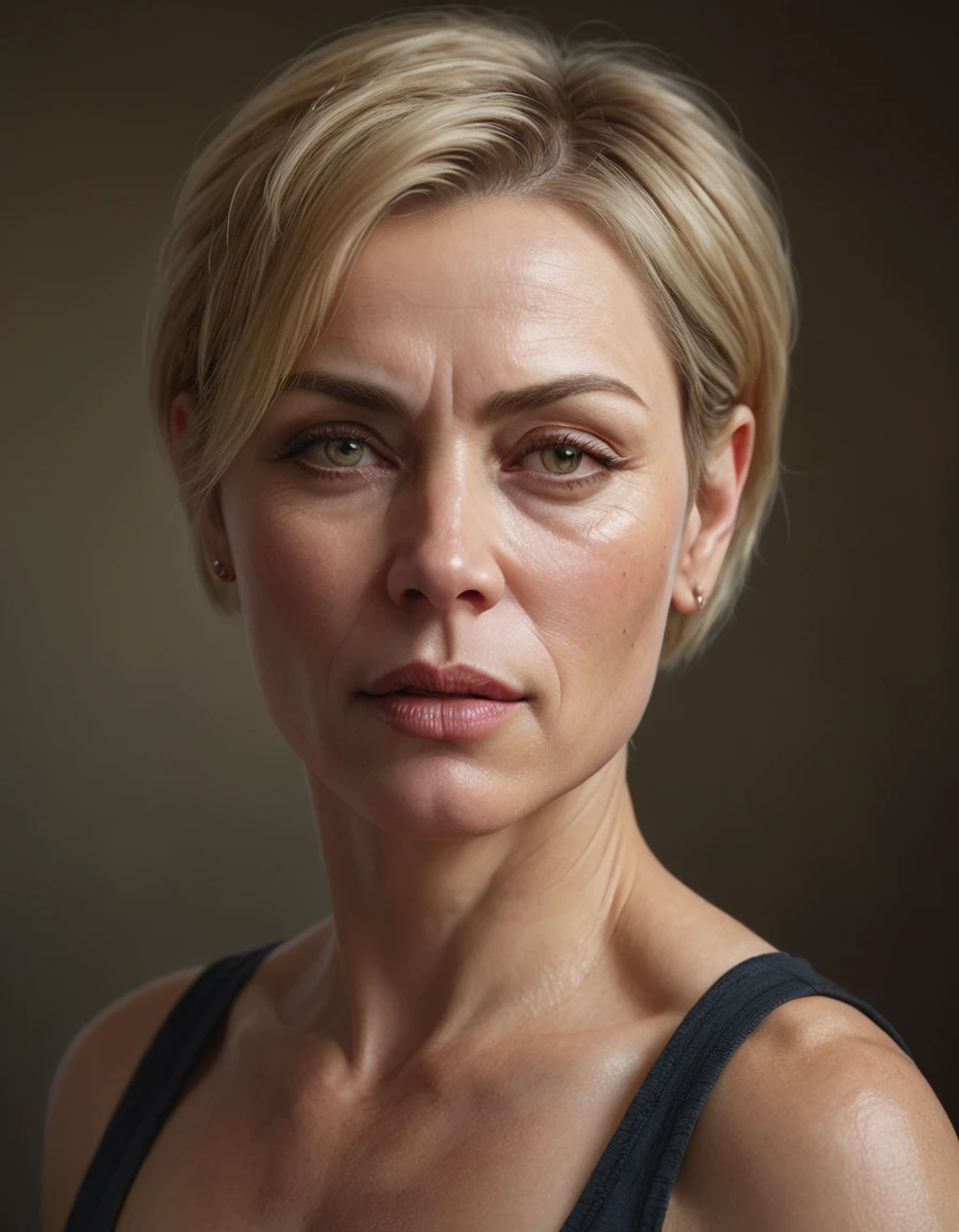 a middle-aged woman, short blonde hair, tall and muscular, realistic portrait, detailed facial features, beautiful eyes and lips, intricate details, photorealistic, dramatic lighting, cinematic composition, high resolution, vivid colors, oil painting, masterpiece, hyperrealistic, exquisite details, cinematic lighting, cinematic composition, dramatic atmosphere