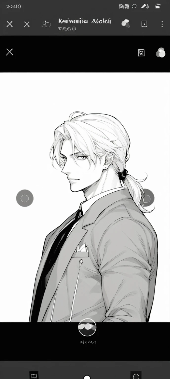 yuto-sano, 1boy, Kaneki, white hair, tied hair, long hair, long tied hair, elegant, monochrome, solo, greyscale, male focus, looking at viewer