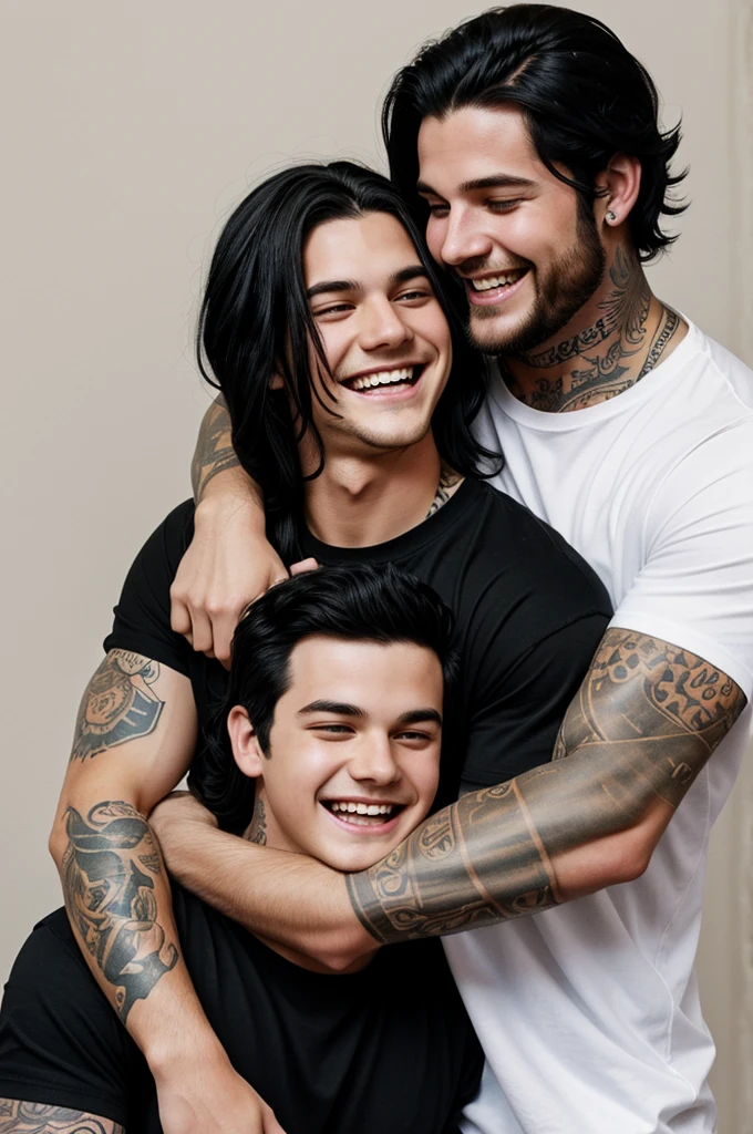 illustration of A burly boy with tattoos on his arms in black hair with long black hair with a withering look with a light smile while hugging a white-skinned boy with brown hair while laughing with wide eyes wearing a wide white shirt
