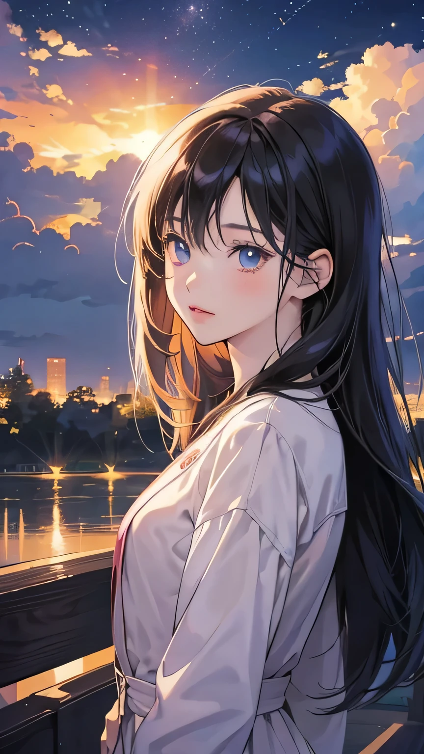 An anime girl looking at the night view in a park with a beautiful night view,, Realistic anime art style, Beautiful anime portraits, Digital anime illustration, Realistic anime art style, Anime Moe Art Style, Cute girl anime visuals, Anime girl looking at the night view, Young Anime Girl, Attractive anime girl, Anime style portrait, Gweiz-style artwork