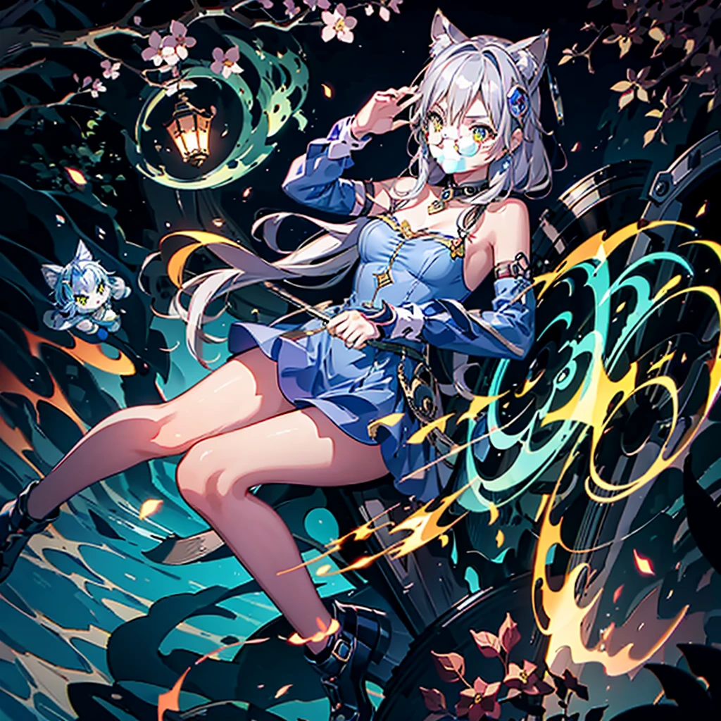 Precision painting、Super delicate、Top image quality、Cheshire Cat、Metallic Chopper、long、Long hair、Animal ears、Cat Ear Original、((1girl in))、(solo)、landscapes、The scene、Red tree、the woods、lake、autumnal、Longer dress、((eye glass))