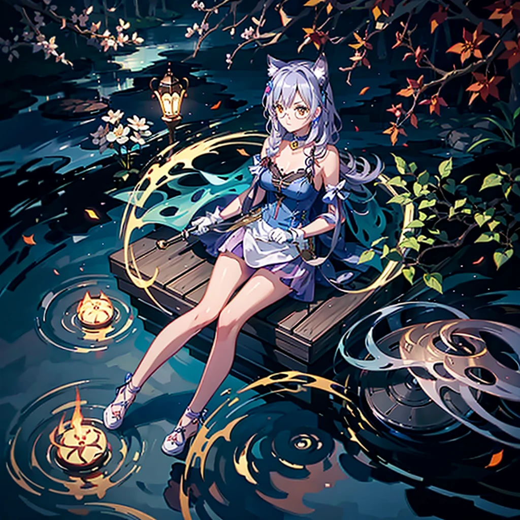 Precision painting、Super delicate、Top image quality、Cheshire Cat、Metallic Chopper、long、Long hair、Animal ears、Cat Ear Original、((1girl in))、(solo)、landscapes、The scene、Red tree、the woods、lake、autumnal、Longer dress、((eye glass))