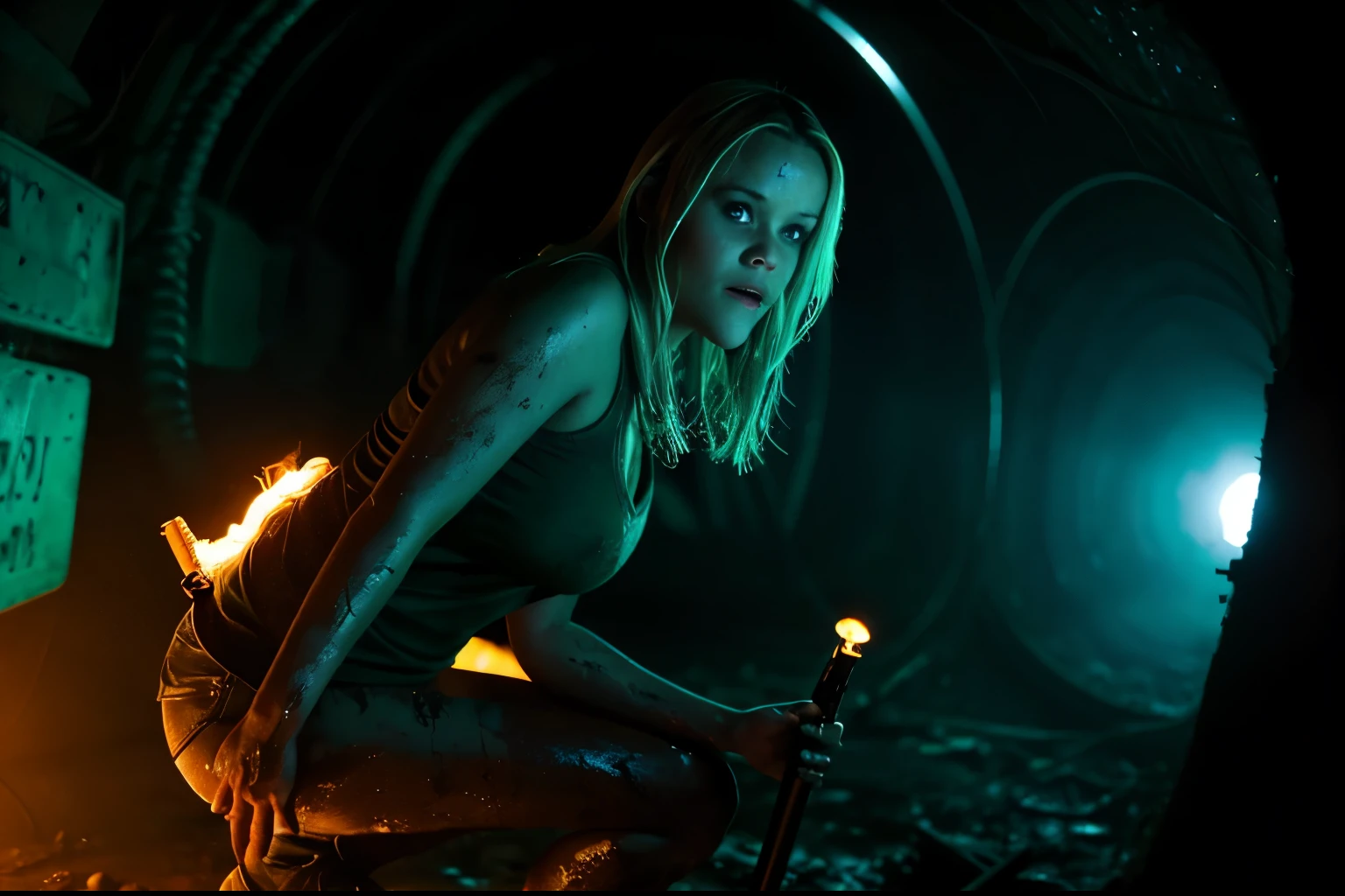 terrified cleavage Reese Witherspoon wearing a jungle-green shirt and tank top carrying a torch in creepy blue lighting in abandoned sci fi lab tunnel, muddy ground, nighttime, clear white skin, wet and muddy, scratches everywhere, face dirty photography, natural light, photorealism, cinematic rendering, ray tracing, the highest quality, the highest detail, Cinematic, Third-Person View, Blur Effect, Long Exposure, 8K, Ultra-HD, Natural Lighting, Moody Lighting, Cinematic Lighting Hide
