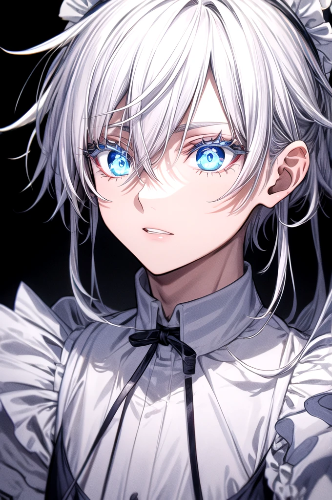  1boy, Gojo Satoru, blue glow eyes, detailed pupils, colored eyelashes, hair between eyes, white hair, white eyelashes,  parted lips, cute maid dress, black apron, gloves, glow, Absurdres, Intricate Details, Masterpiece, Best Quality, High Resolution, 8k 