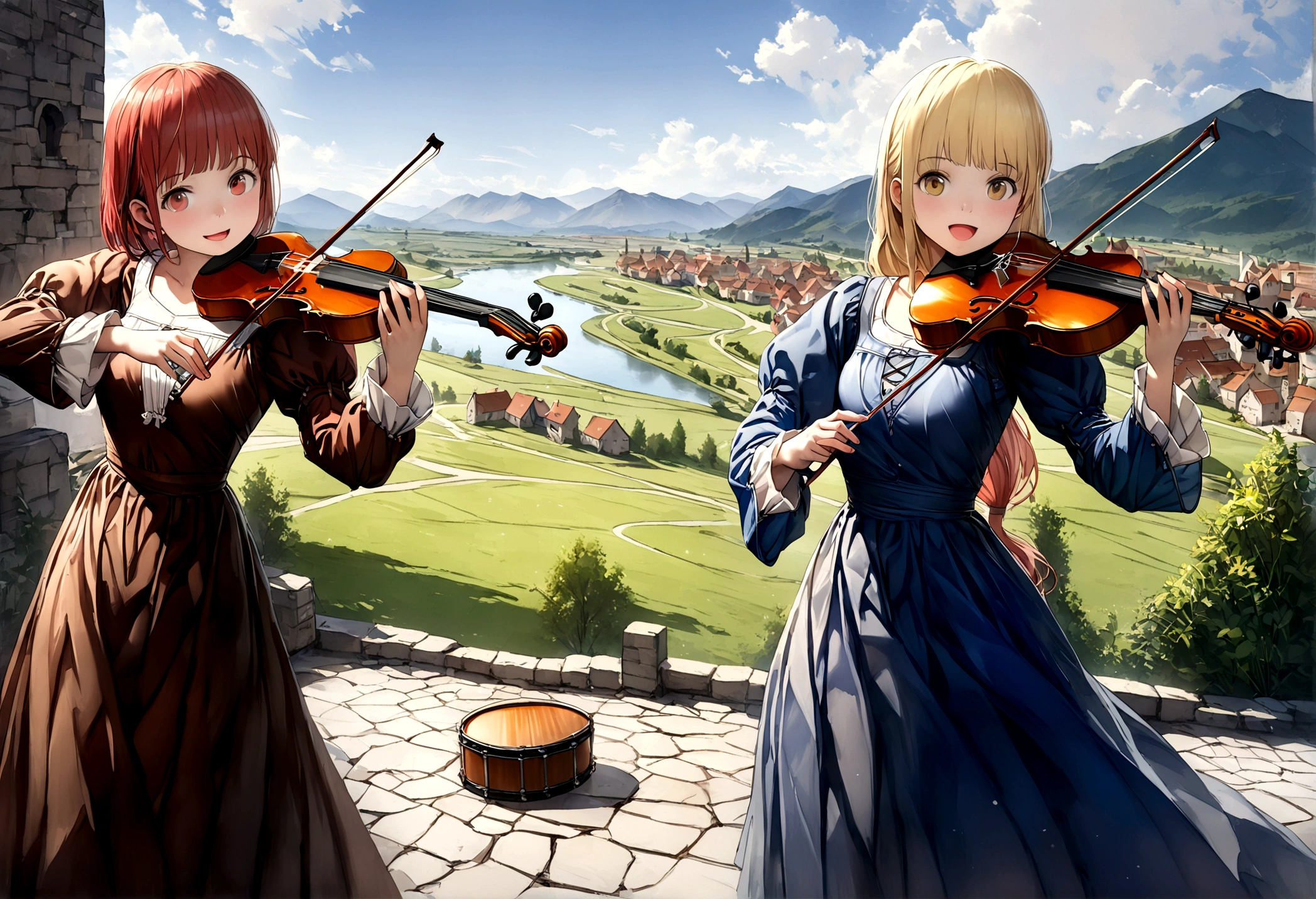 (((Top quality, 4k, 8k, high resolution, masterpiece: 1.2))), (super detailed), (realistic), (photorealistic), (photorealistic: 1.37), (HDR, UHD), (studio (lighting)), ultra-fine drawing, sharp focus, physically based rendering, highly detailed, professional, vibrant colors, perfect ditaile hand, highly detailed realistic eyes, girl, one girl, multiple girls, A lot of girls, smile, open mouth, close mouth, short hair, medium hair, medium length, long hair, ponytail, red hair, blue hair, blonde hair, green hair, pink hair, medieval European clothing, Citizen's Clothing from Medieval Europe, miniskirt, mid-length skirt, long skirt, chinos pants, (((playing the lute))), (((playing the violin))), (((Girls playing guitar))), (((playing the flute))), (((playing the drums))), Medieval European town, Countryside, Medieval European rural village, Rural grassland, Mountain view, Rural river, Irrigation canal, anime, cartoon, kawaii, qute, (((Long shot, Panorama, Distant view, Vast landscape))), knees, feet, looking at viewer,