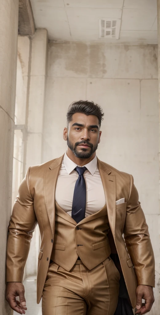 1boy, European, solo, facial hair,34 yrs old, dom, male focus, bara, muscular, mature male, muscular male, beard, short hair, thick eyebrows, brown-skinned male, thighs, fancy suit, dark skin, tie, tight black t-shirt, tight pants, open leather jacket mixed with kevlar fabric, tie, cybernetic uniform, teacher suit, cowboy shot, teacher uniform, feet out of frame, thick thighs, looking at viewer, masterpiece, 4k, high quality, highres, absurdres,