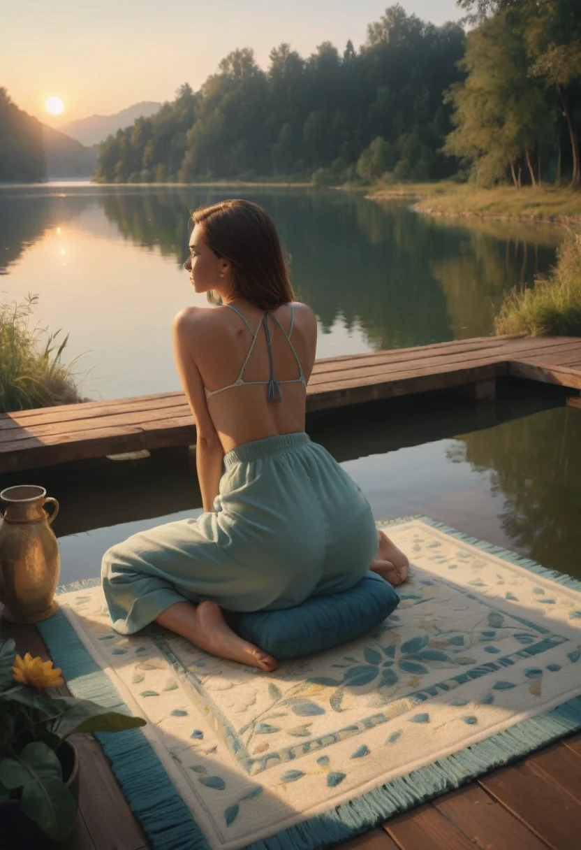 A woman filmed with her back facing the sunrise in a meditative position with nature and a calm lake around her, the woman is sitting on a rug and a cushion on a wooden pier, a color palette s]in shades of blue and yellow.. ultra realistic image,