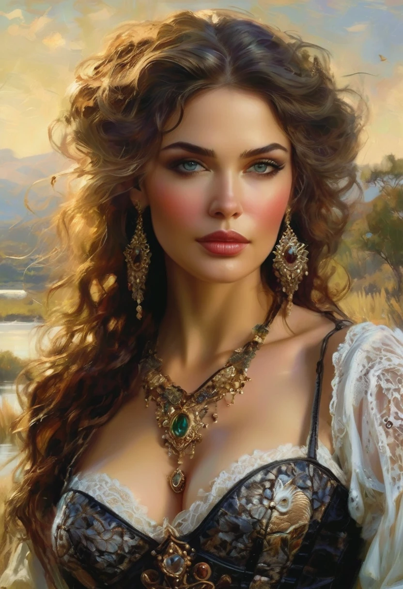 A beautiful buxom woman in close-up, in a lace corset against the background of a savannah with a lake, teeming with wildlife with ancient predators and birds, in jewelry with rubies, neat, elegant, (((((((((( improved aesthetics))))), in the style of Ben Boshau, Mikhail Garmash, Daniel F. Gerhartz, Clint Shirley, Karn Griffiths, Jean Baptiste Monge, the best result in the field of vision, the best result in the field of a very beautiful face, Gothic overtones, divine presence, cinematic quality, clear focus, studio photography, masterpiece
