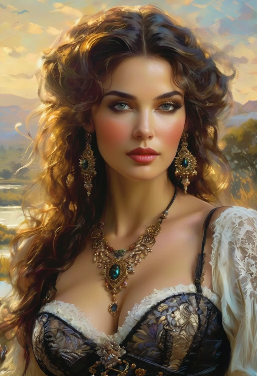A beautiful buxom woman in close-up, in a lace corset against the background of a savannah with a lake, teeming with wildlife with ancient predators and birds, in jewelry with rubies, neat, elegant, (((((((((( improved aesthetics))))), in the style of Ben Boshau, Mikhail Garmash, Daniel F. Gerhartz, Clint Shirley, Karn Griffiths, Jean Baptiste Monge, the best result in the field of vision, the best result in the field of a very beautiful face, Gothic overtones, divine presence, cinematic quality, clear focus, studio photography, masterpiece