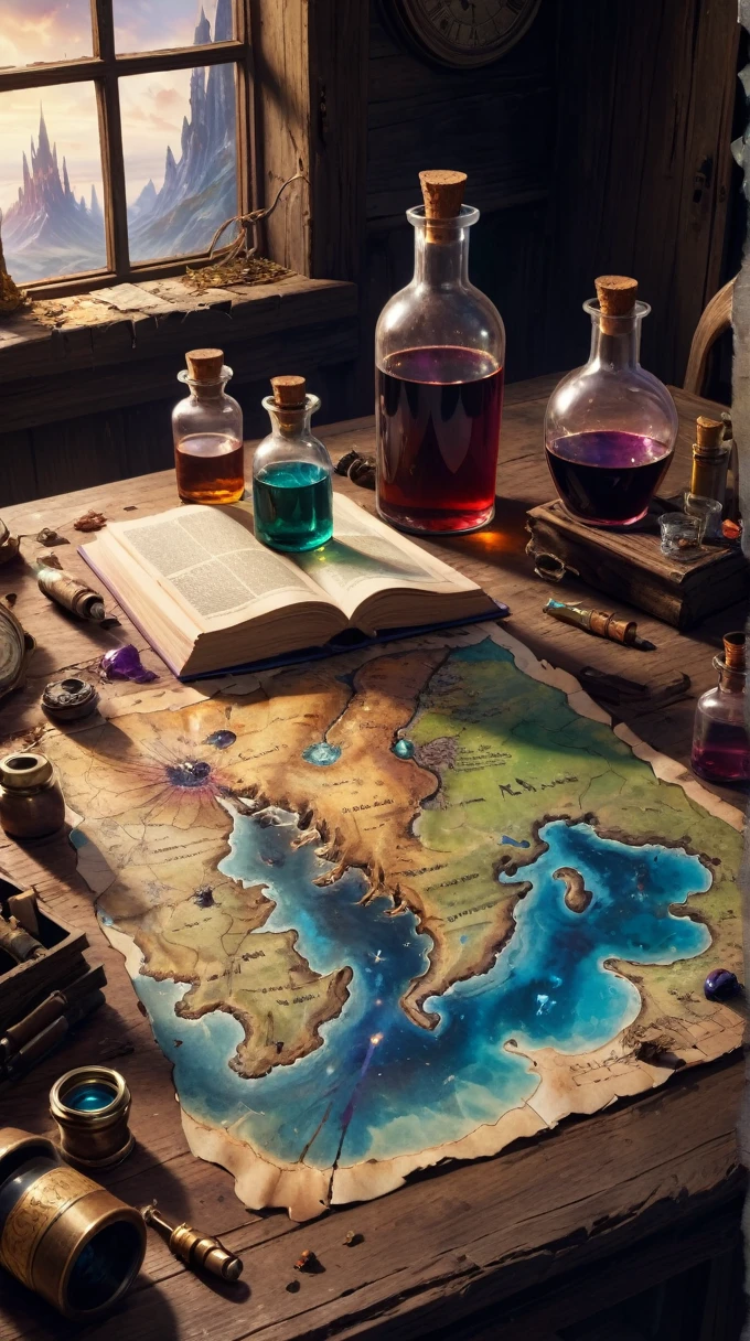 a magical map leading to a mysterious land, torn and worn, sitting on a wizard's desk, spilled multicolored ink, bottles,flasks, high quality, imagination, 8k, fantasy art