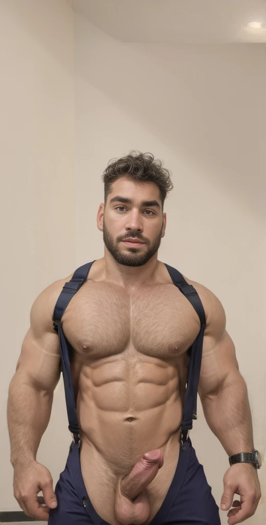 1boy, AdinAlpha, solo, facial hair,34 yrs old, fitness trainer, male focus, flaccid penis, pectorals, bara, muscular, mature male, muscular male, abs, beard, ring nipples, garter and suspenders, short hair, navel, stomach, rubber , large pectorals, thick eyebrows, bare pectorals, dark-skinned male, erection, thighs, erection under clothes, fancy suit, dark skin, tie, tight shirt, jacket, tight pants, grey business suit, pectoral cleavage, cowboy shot, cop agent uniform, feet out of frame, thick thighs, looking at viewer, masterpiece, 4k, high quality, highres, absurdres,