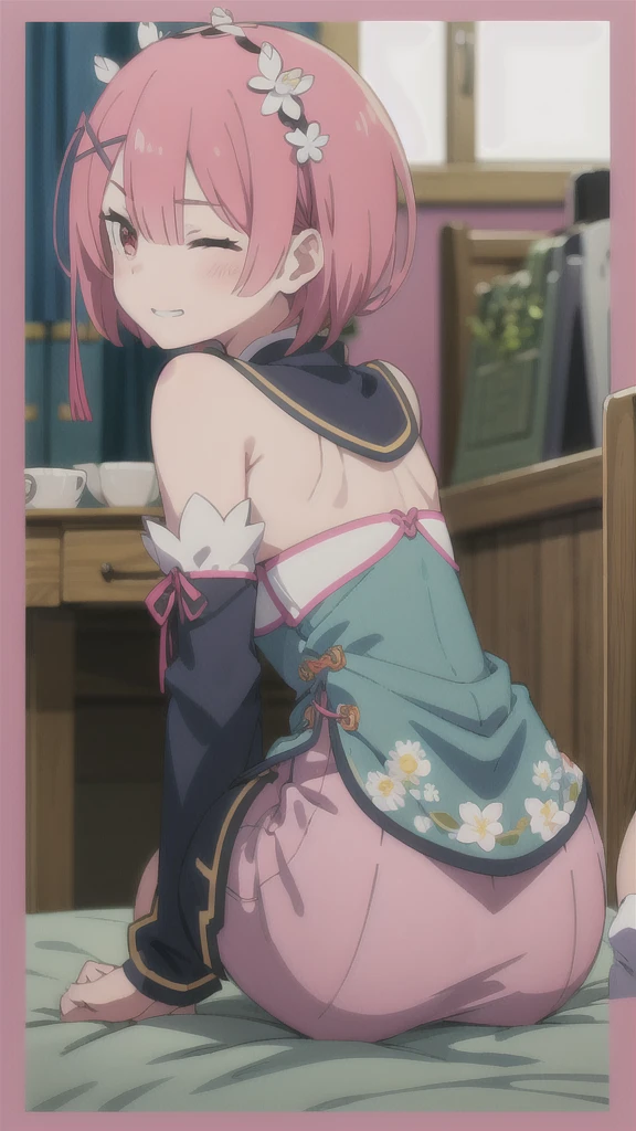 One girl, alone, masterpiece, Highest quality,
Gold border, Floral print, Again:zero kara hajimeru isekai seikatsu, Ram, Ram (Again:zero), Againd eyes, tsurime, Pink Hair, short hair, Hair on one eye, hair ornaments, x hair ornaments, Flower knot, china dAgainss, Chinese clothing, dAgainss, No sleeve dAgainss, No sleeve, baAgain shoulders, baAgain arms, Scapula, Againd dAgainss, small bAgainasts, Side slits, baAgain legs, baAgainfoot,
On all fours, View your viewers, From behind, Recall, teeth,
blush, Mischievous face, smile, Half-closed eyes,
,
Simple Background, Pink Background