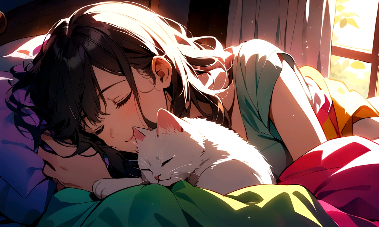 hug my cat in bed, while we sleep hugging each other smiling and covering ourselves with the colorful sheet