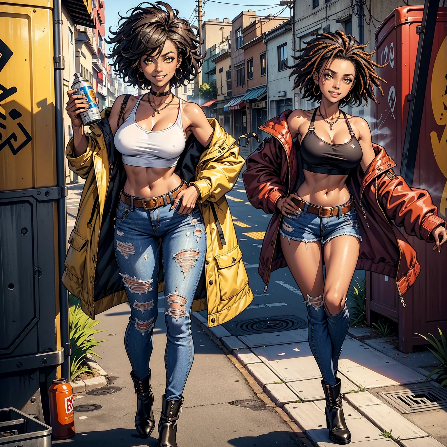 Masterpiece, Ultra extremely detailed, Insanely Definition - quality, 8k, (vibrant colors,vibrant theme), (intricate), full body , NSFW black woman solo, beautiful, look and smile sexy, Smile open, Mouth open, Canines out, afro hair, black skin, dark skin, medium breasts, medium chest, thin waist, wide hip, ripped jean shorts, open loose shirt, yellow eyes, Oversized jacket, Mini Underboob tee, open navel, thin waist, jeans, with buckle belt, In The Graffiti Alley, Garbage Container, Outdoor Stairs, Outdoor Unit, Holding Spray Can, Standing, African Ethnicity