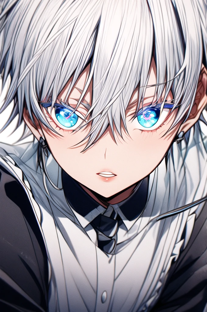  1boy, Gojo Satoru, blue glow eyes, detailed pupils, colored eyelashes, hair between eyes, white hair, white eyelashes,  parted lips, cute maid dress, black apron, gloves, glow, Absurdres, Intricate Details, Masterpiece, Best Quality, High Resolution, 8k 